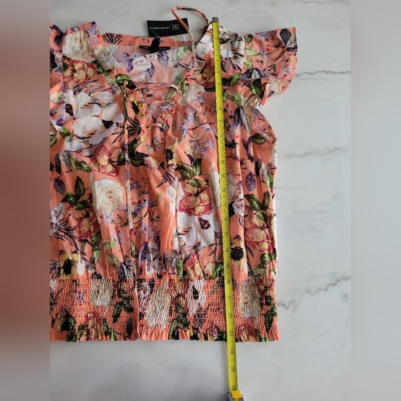 INC Smocked 100% Cotton Blossom Floral Ruffled Peach Blouse Size Large - Picture 9 of 13